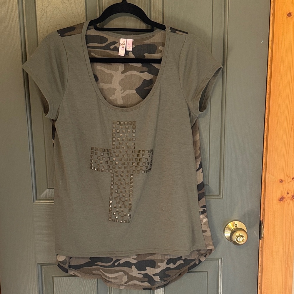 Dolled Up Olive Camouflage Cross Studded Tee